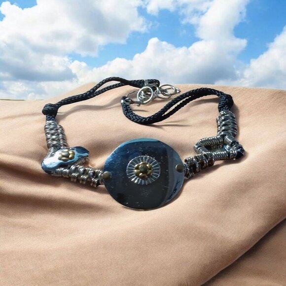 Womens Large Hardware Chrome Disc Brass Flowers Black Cord 38\
